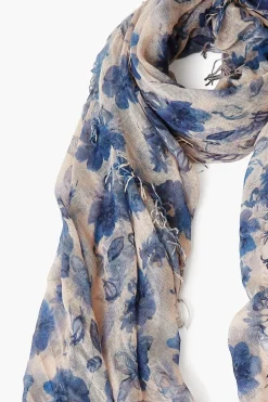 Cashmere and Silk Scarf Indigo Blue French Floral