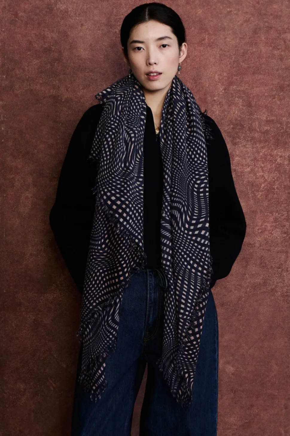 100% Cashmere Scarf Blue Warped Plaid