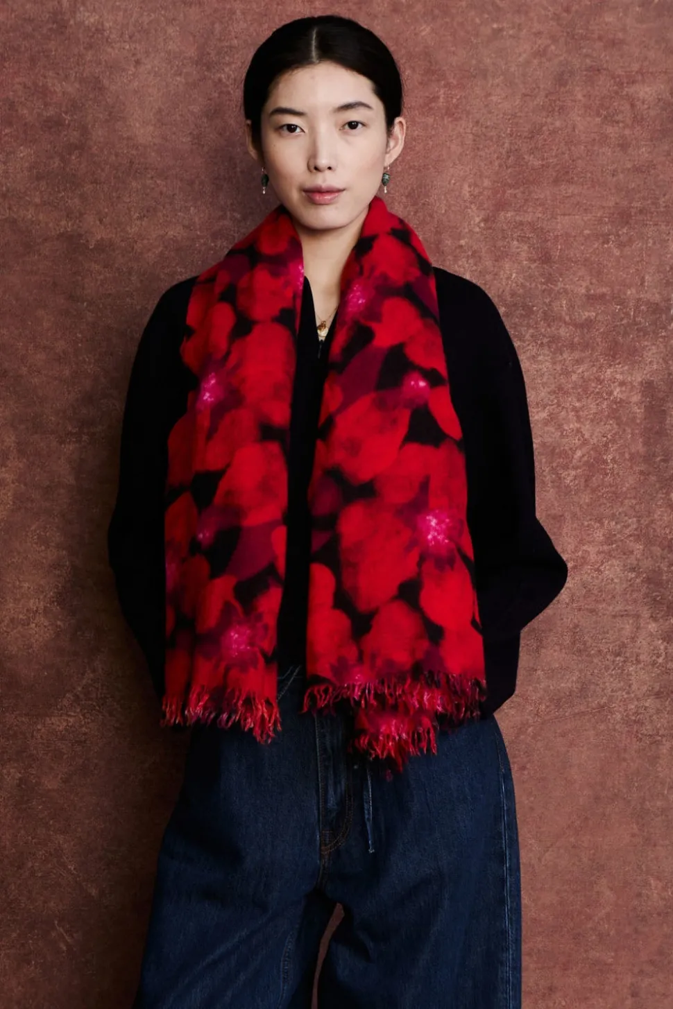 100% Cashmere Scarf Primrose Red Floral