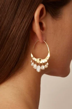 Crescent White Pearl and Gold Hoop Earrings