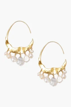 Crescent White Pearl and Gold Hoop Earrings