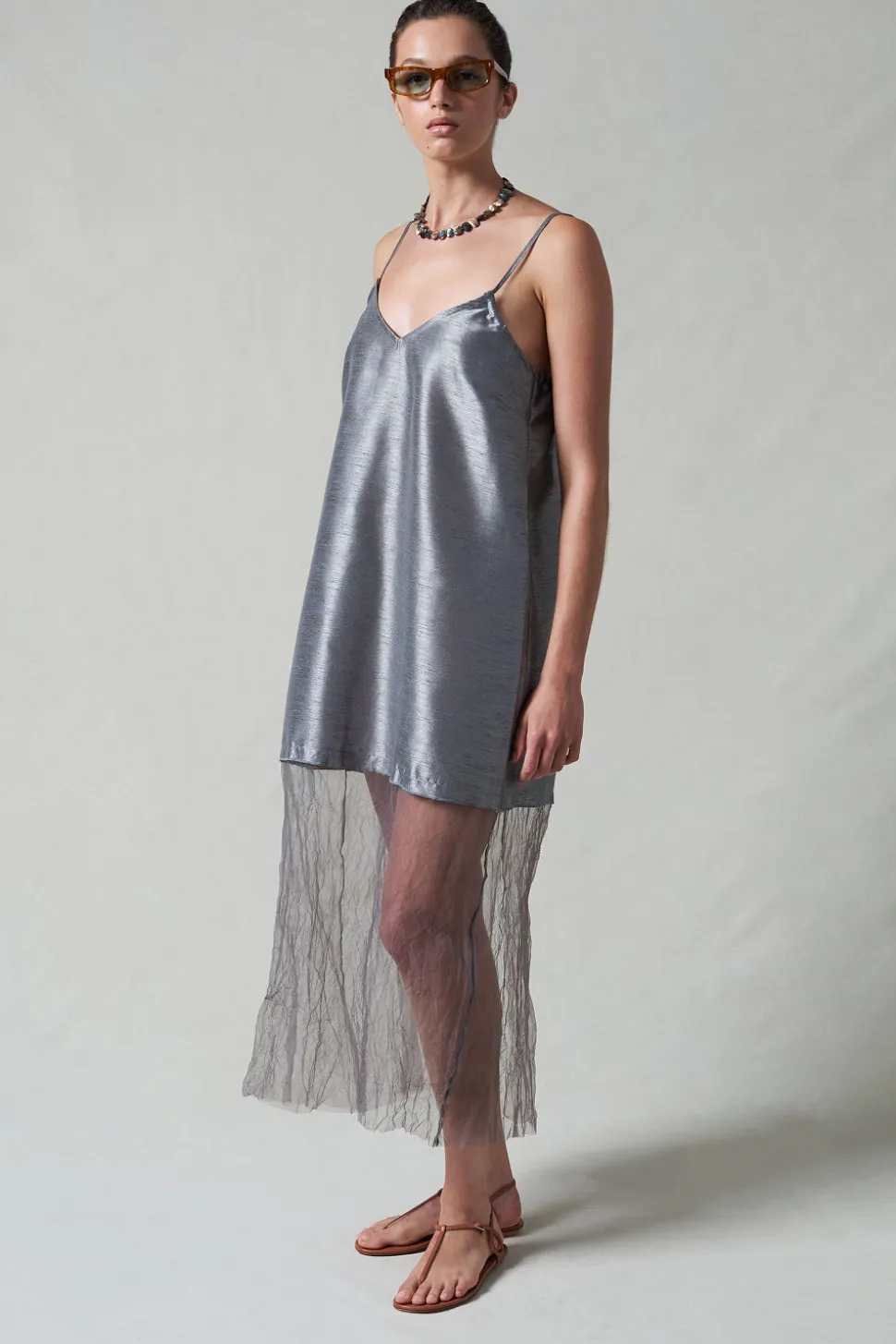 Dupioni Mesh Dress Steel