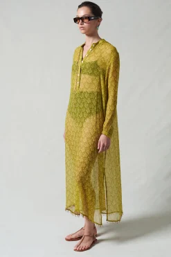 Eloise Beaded Silk Dress Yellow