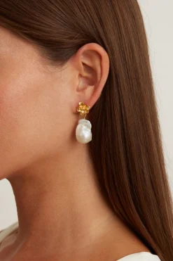 Gold Hibiscus Pearl Drop Earrings