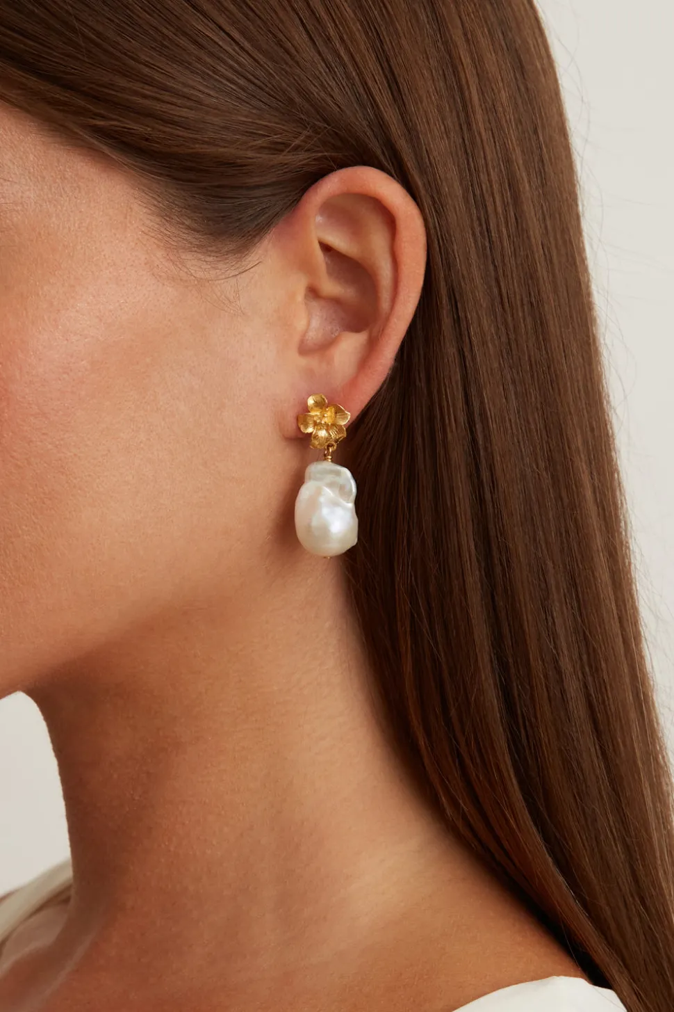 Gold Hibiscus Pearl Drop Earrings