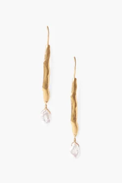 Gold Wave Pearl Drop Earrings White