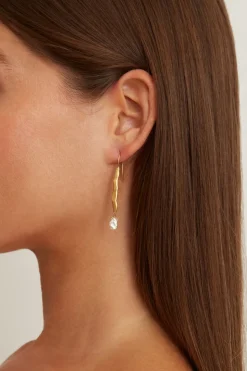 Gold Wave Pearl Drop Earrings White