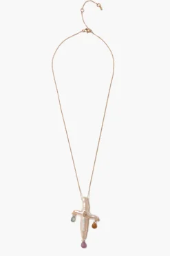 14k Chandelier Pearl Cross Necklace Natural Pink