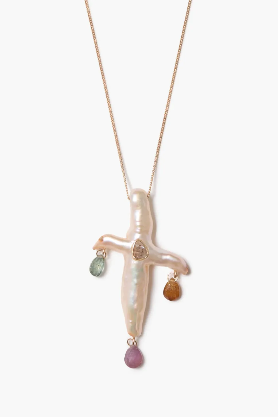 14k Chandelier Pearl Cross Necklace Natural Pink