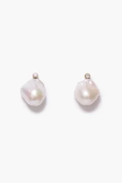 14k Diamond Baroque Earrings White Pearl