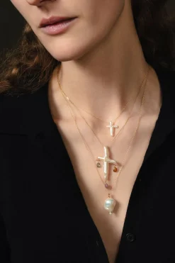 14k Diamond Baroque Necklace White Pearl