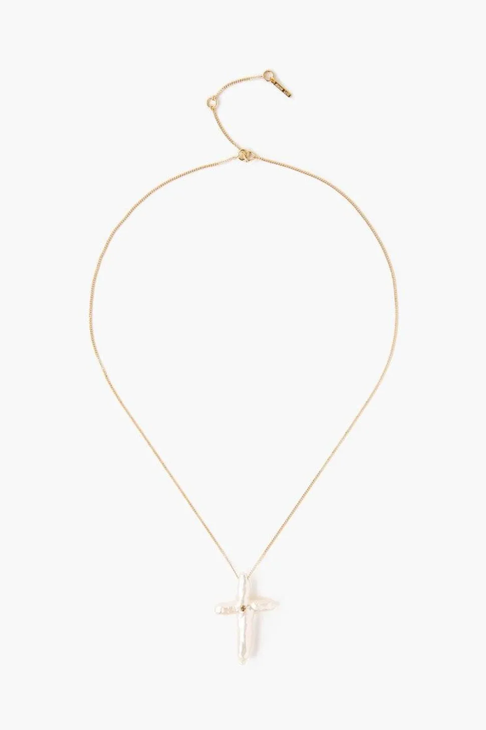 14k White Baroque Pearl Cross and Champagne Diamond Necklace
