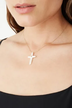 14k White Baroque Pearl Cross and Champagne Diamond Necklace