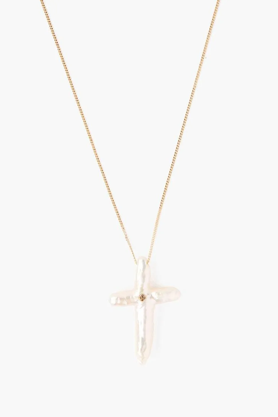 14k White Baroque Pearl Cross and Champagne Diamond Necklace