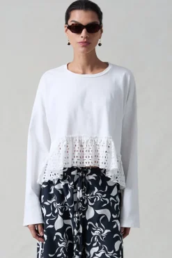 Laser Cut High Low Long Sleeve Tee White