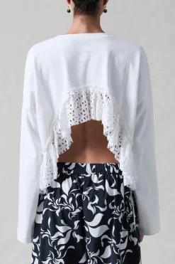 Laser Cut High Low Long Sleeve Tee White