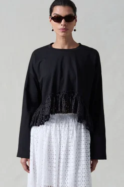 Laser Cut High Low Long Sleeve Tee Black