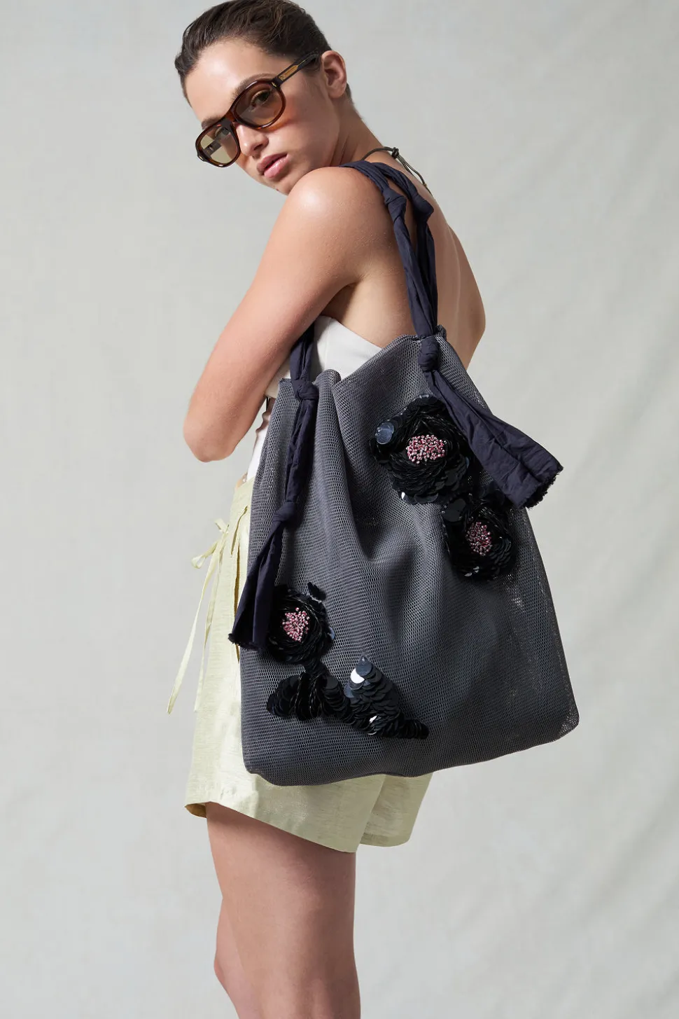 Mesh Net Sequin Tote Steel