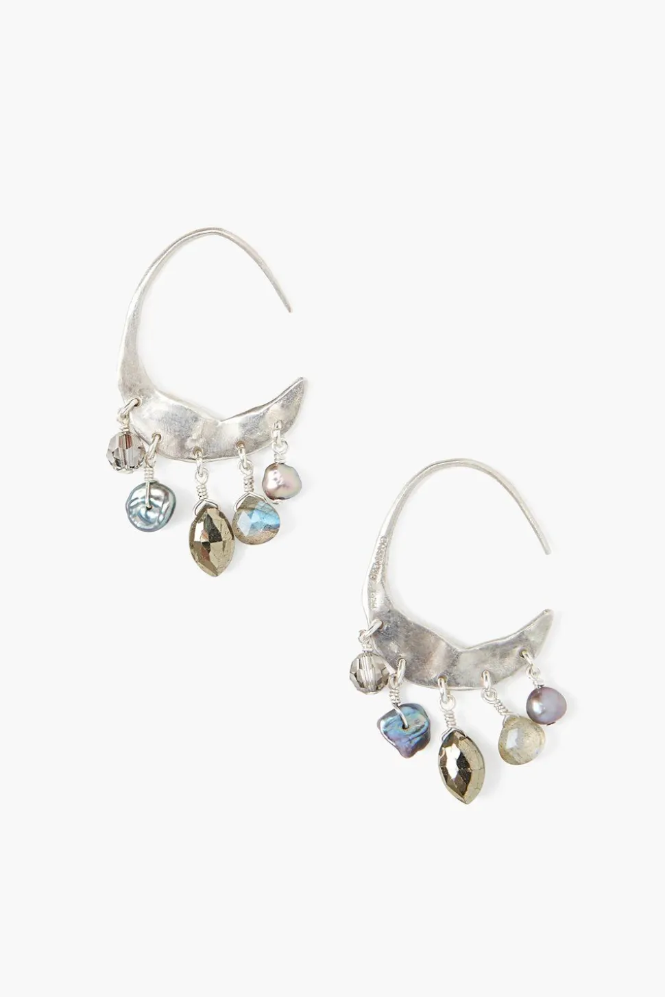 Petite Crescent Grey Pearl and Labradorite Mix Silver Hoop Earrings