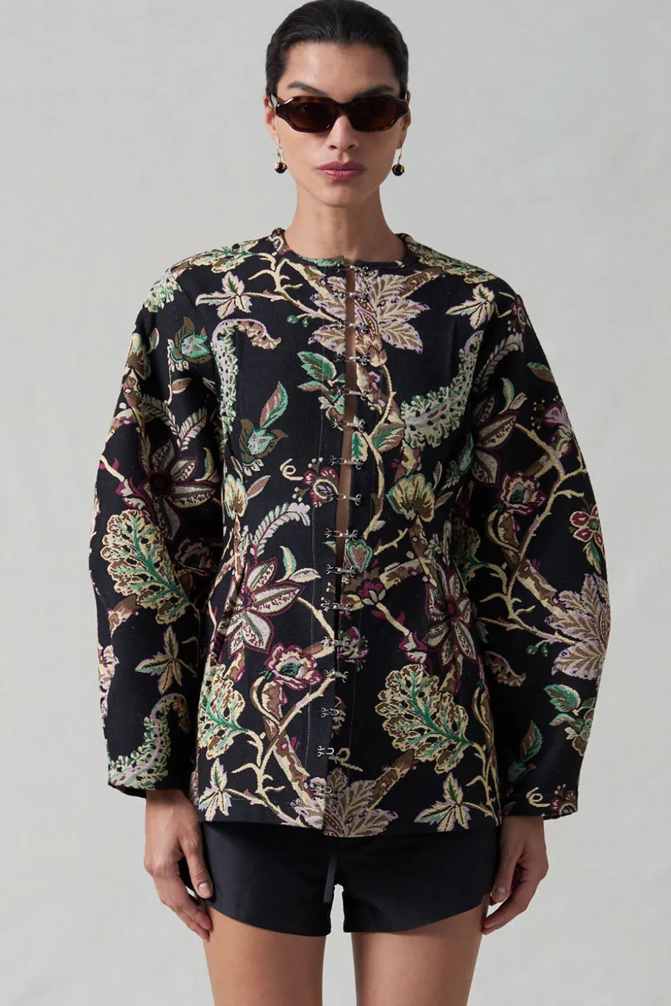 Pinch Waist Cardigan Black Jacquard