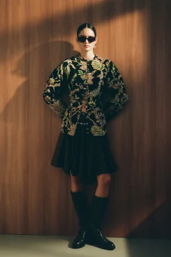 Pinch Waist Cardigan Black Jacquard