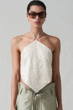 Shell Button Backless Halter Top Natural