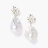 Silver Hibiscus Pearl Drop Earrings