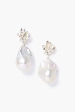Silver Hibiscus Pearl Drop Earrings