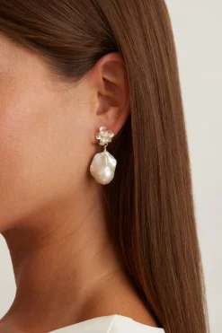 Silver Hibiscus Pearl Drop Earrings
