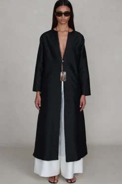 Techno Taffeta Collarless Coat Black